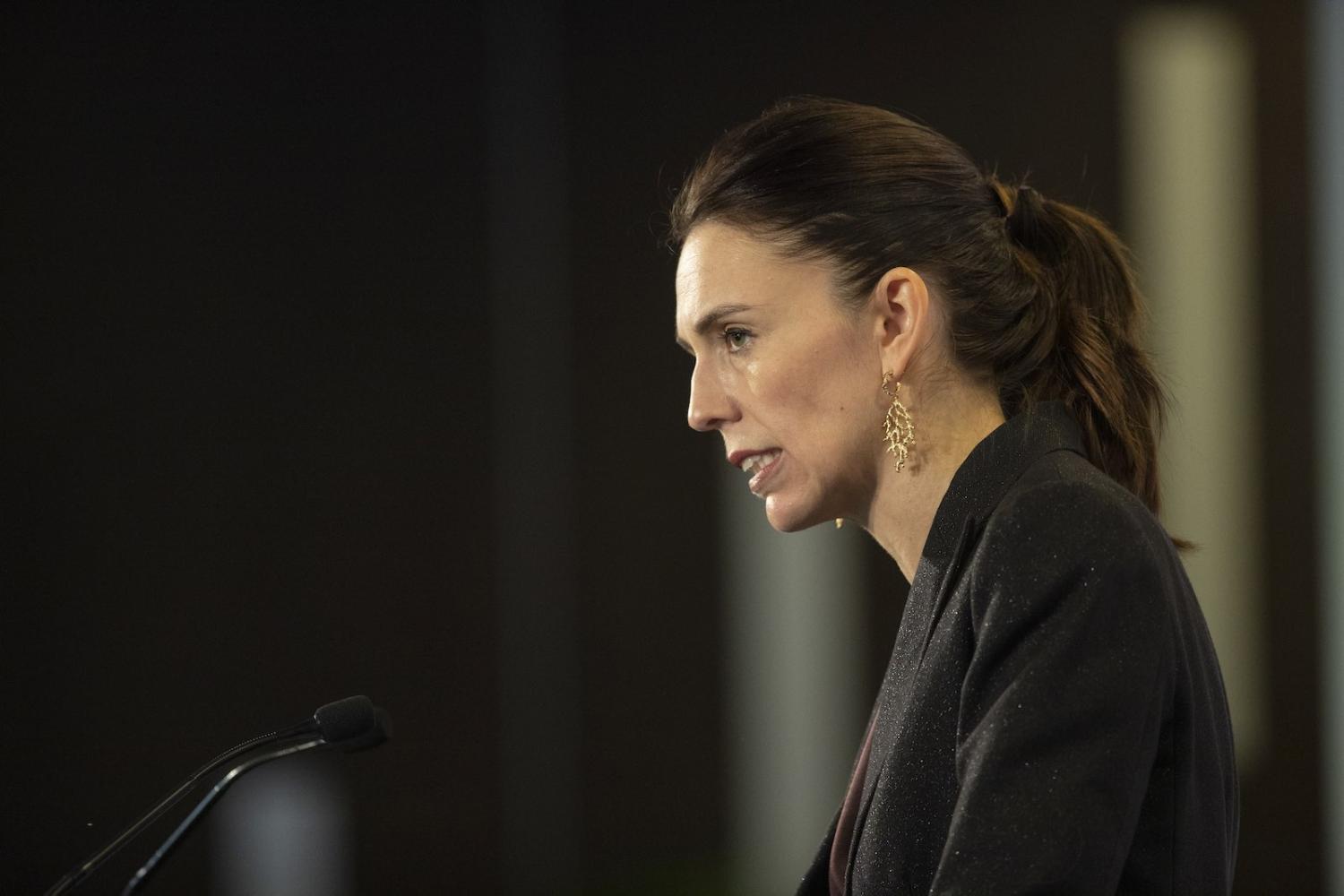 New Zealand Prime Minister Jacinda Ardern speaking in Auckland on 13 May 2021 (Greg Bowker/Getty Images)